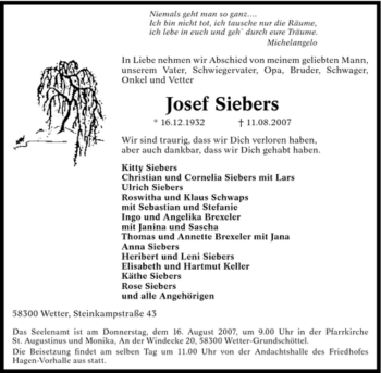 Traueranzeige von Josef Siebers von Tageszeitung
