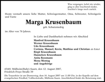 Traueranzeige von Marga Krusenbaum von Tageszeitung