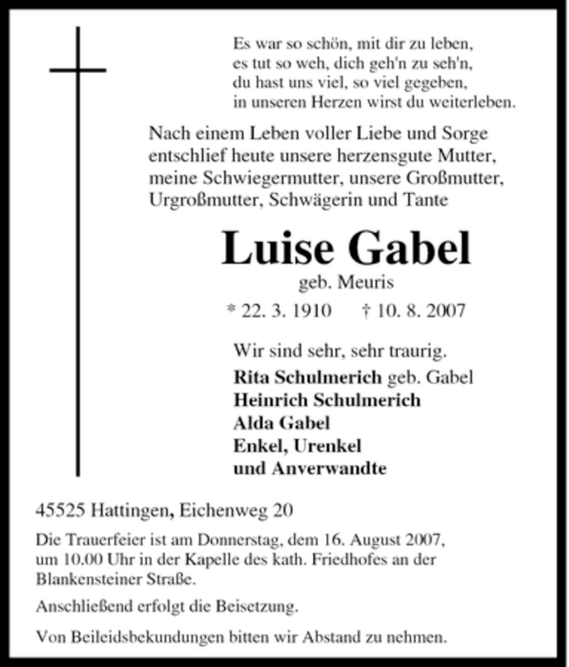  Traueranzeige für Luise Gabel vom 14.08.2007 aus Tageszeitung