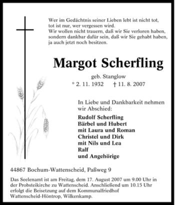 Traueranzeige von Margot Scherfling von Tageszeitung