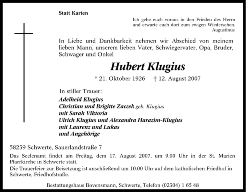  Traueranzeige für Hubert Klugius vom 14.08.2007 aus Tageszeitung