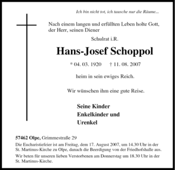Traueranzeige von Hans-Josef Schoppol von Tageszeitung