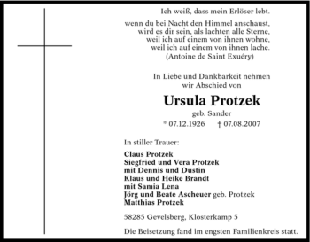 Traueranzeige von Ursula Protzek von Tageszeitung