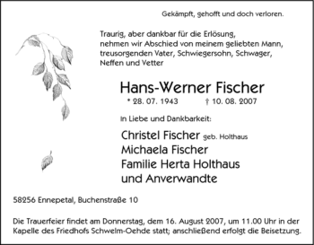 Traueranzeige von Hans-Werner Fischer von Tageszeitung