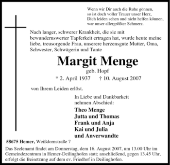 Traueranzeige von Margit Menge von Tageszeitung