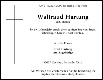 Traueranzeige von Waltraud SteffenHartung von Tageszeitung