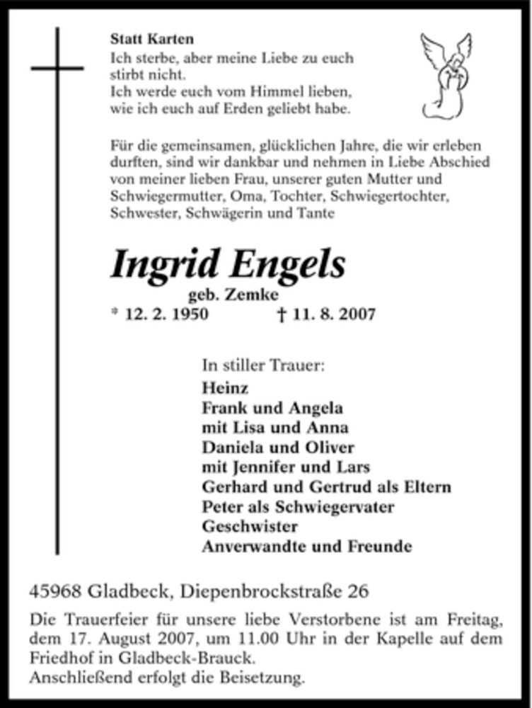  Traueranzeige für Ingrid Engels vom 14.08.2007 aus Tageszeitung