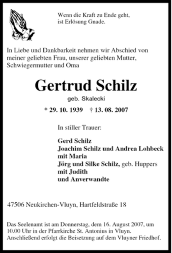 Traueranzeige von Gertrud Schilz von Tageszeitung