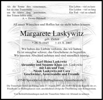 Traueranzeige von Margarete Laskywitz von Tageszeitung