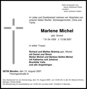 Traueranzeige von Marlene Michel von Tageszeitung