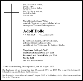 Traueranzeige von Adolf Dolle von Tageszeitung