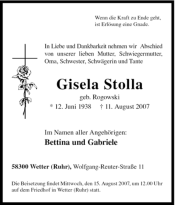 Traueranzeige von Gisela Stolla von Tageszeitung