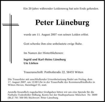 Traueranzeige von Peter Lüneburg von Tageszeitung