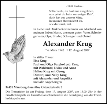 Traueranzeige von Alexander Krug von Tageszeitung