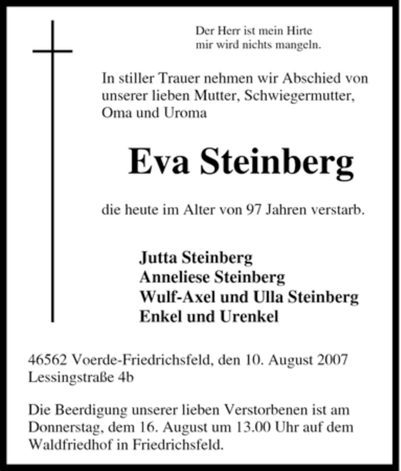  Traueranzeige für Eva Steinberg vom 14.08.2007 aus Tageszeitung