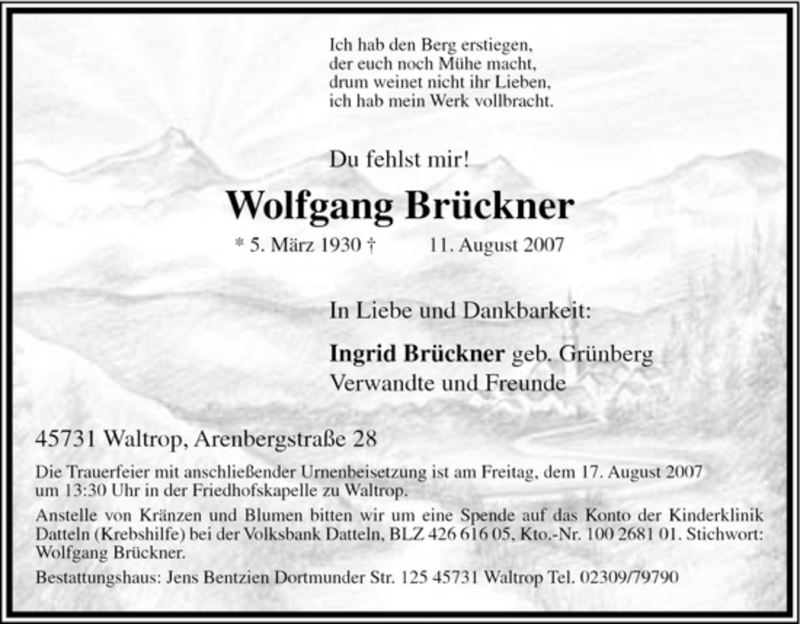  Traueranzeige für Wolfgang Brückner vom 14.08.2007 aus Tageszeitung