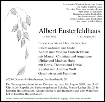 Traueranzeige von Albert Eusterfeldhaus von Tageszeitung