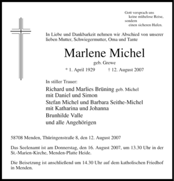 Traueranzeige von Marlene Michel von Tageszeitung