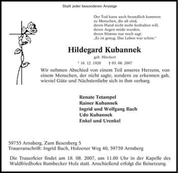 Traueranzeige von Hildegard Kubannek von Tageszeitung