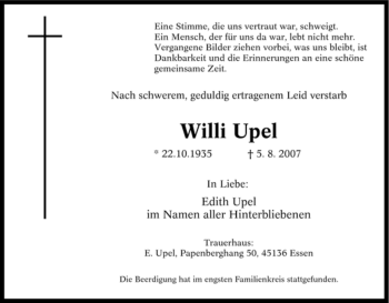 Traueranzeige von Willi Upel von Tageszeitung