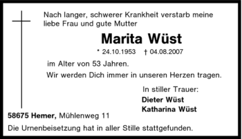 Traueranzeige von Marita Wüst von Tageszeitung