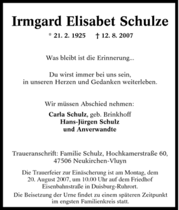 Traueranzeige von Irmgard Elisabet Schulze von Tageszeitung