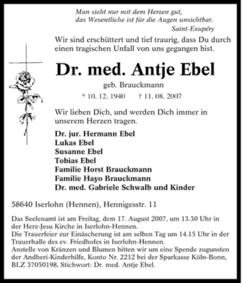 Traueranzeige von Antje Ebel von Tageszeitung