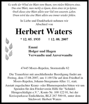 Traueranzeige von Herbert Waters von Tageszeitung