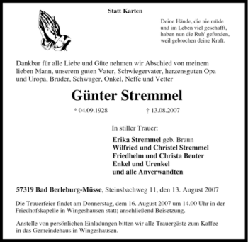 Traueranzeige von Günter Stremmel von Tageszeitung