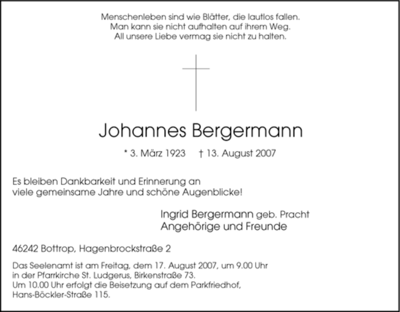 Traueranzeige für Johannes Bergermann vom 15.08.2007 aus Tageszeitung