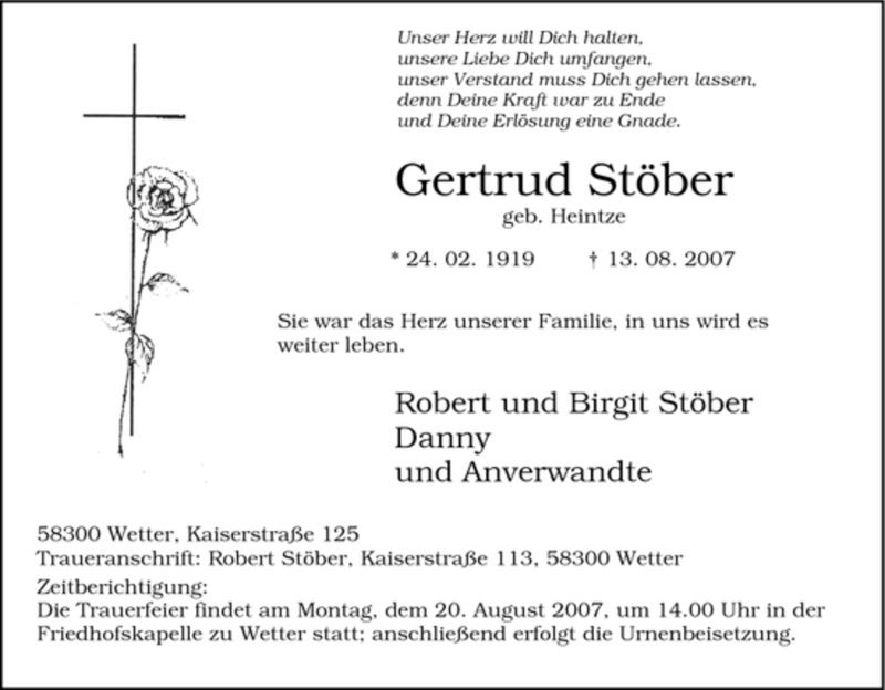  Traueranzeige für Gertrud Stöber vom 15.08.2007 aus Tageszeitung