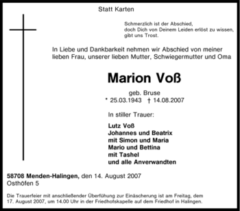 Traueranzeige von Marion Voß von Tageszeitung