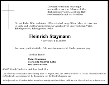 Traueranzeige von Heinrich Staymann von Tageszeitung