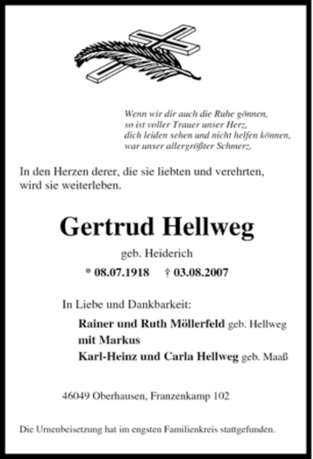 Traueranzeige von Gertrud Hellweg von Tageszeitung