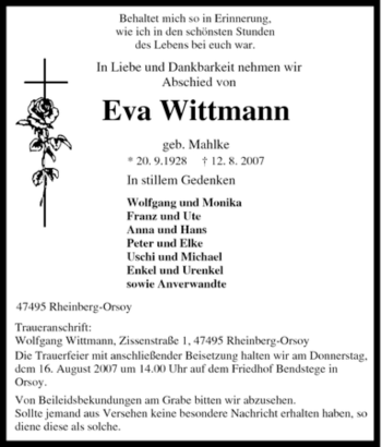 Traueranzeige von Eva Wittmann von Tageszeitung