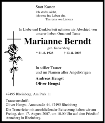 Traueranzeige von Marianne Berndt von Tageszeitung