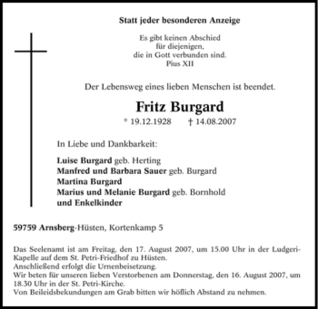 Traueranzeige von Fritz Burgard von Tageszeitung