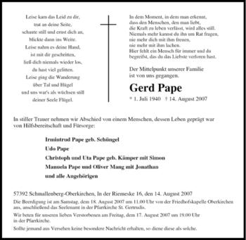 Traueranzeige von Gerd Pape von Tageszeitung