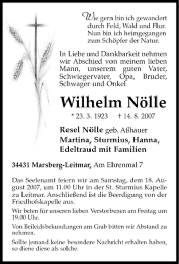 Traueranzeige von Wilhelm Nölle von Tageszeitung