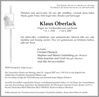 Traueranzeige von Klaus Oberlack von Tageszeitung