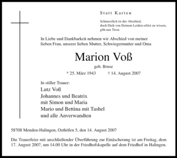 Traueranzeige von Marion Voß von Tageszeitung
