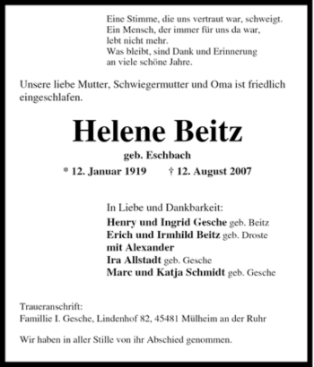 Traueranzeige von Helene Beitz von Tageszeitung