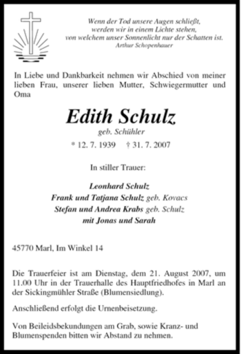 Traueranzeige von Edith Schulz von Tageszeitung