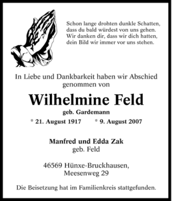 Traueranzeige von Wilhelmine Feld von Tageszeitung