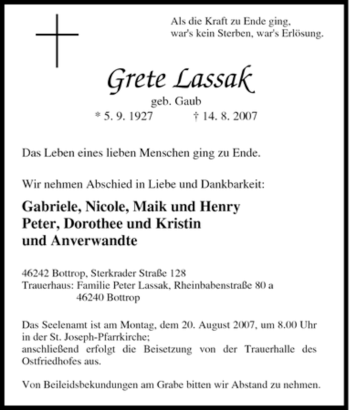 Traueranzeige von Grete Lassak von Tageszeitung