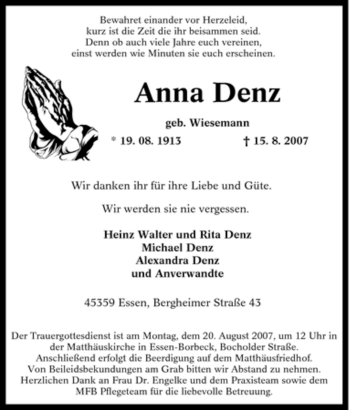 Traueranzeige von Anna Denz von Tageszeitung