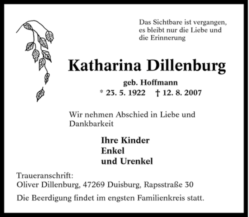  Traueranzeige für Katharina Dillenburg vom 16.08.2007 aus Tageszeitung