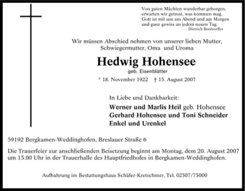 Traueranzeige von Hedwig Hohensee von Tageszeitung