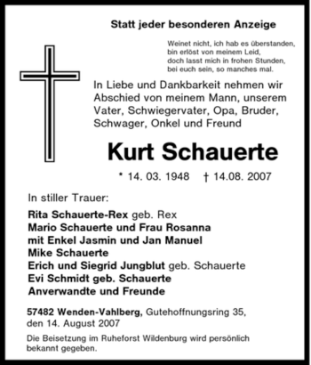 Traueranzeige von Kurt Schauerte von Tageszeitung