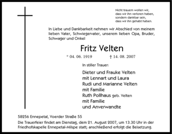Traueranzeige von Fritz Velten von Tageszeitung